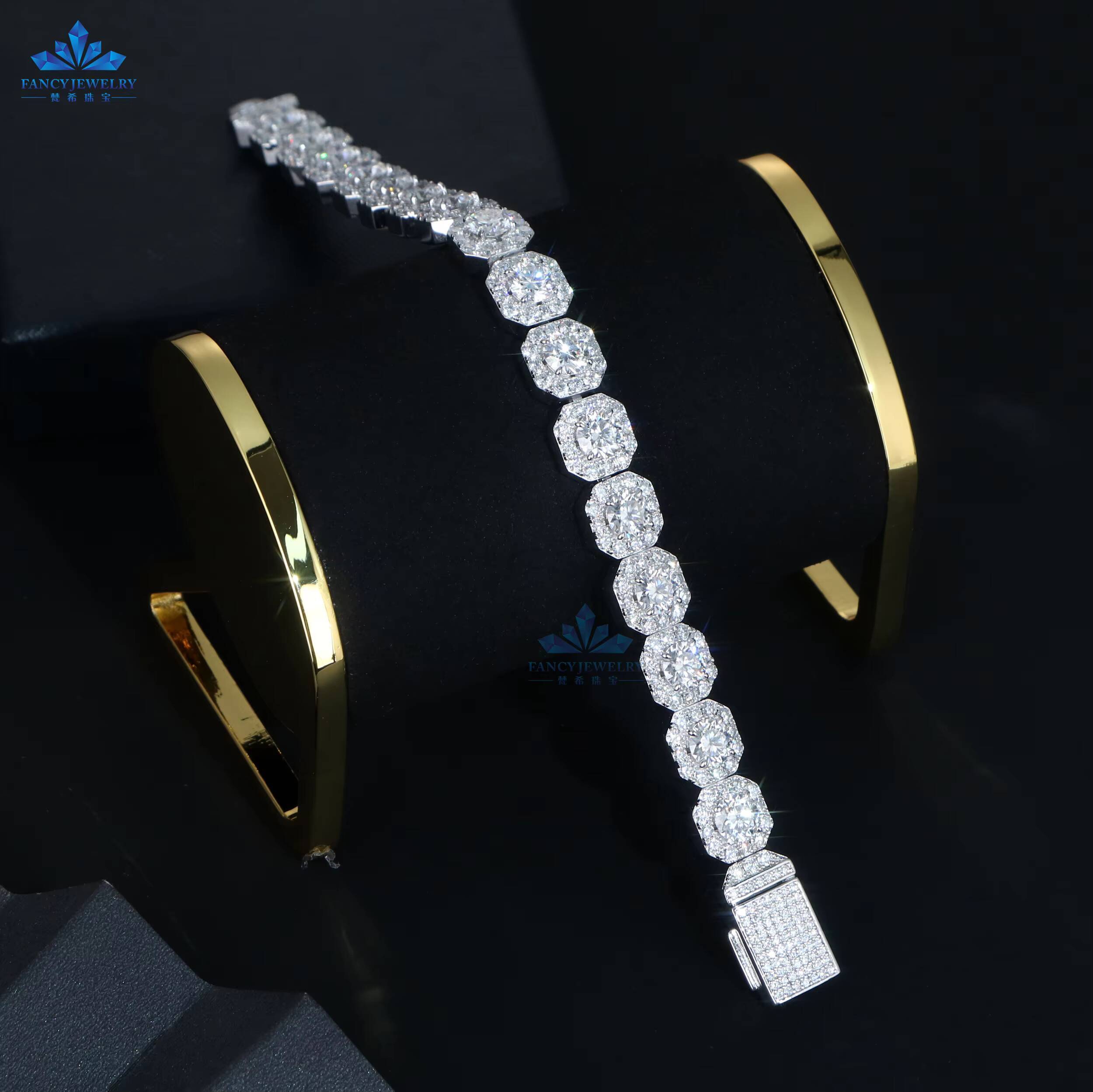 Hip Hop Iced Out Round Brilliant Cut VVS Moissanite Diamond 11MM Square Cluster Tennis Chain 925 Silver Bracelet for Men Women