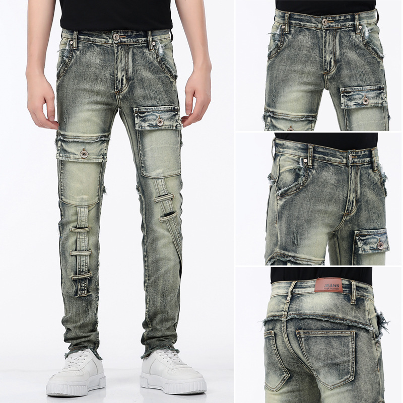 montbell Men's Jeans Clearance Sale Trendy Brand Slim Fit Small Foot Elastic baggy jeans Casual Long Pants
