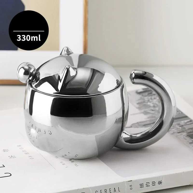 330ML Ceramic Couple Cup Gold Silver Creative Mug Water Cup Female Spoon With Lid Cartoon Coffee Cup Give Friends Gift Y251119