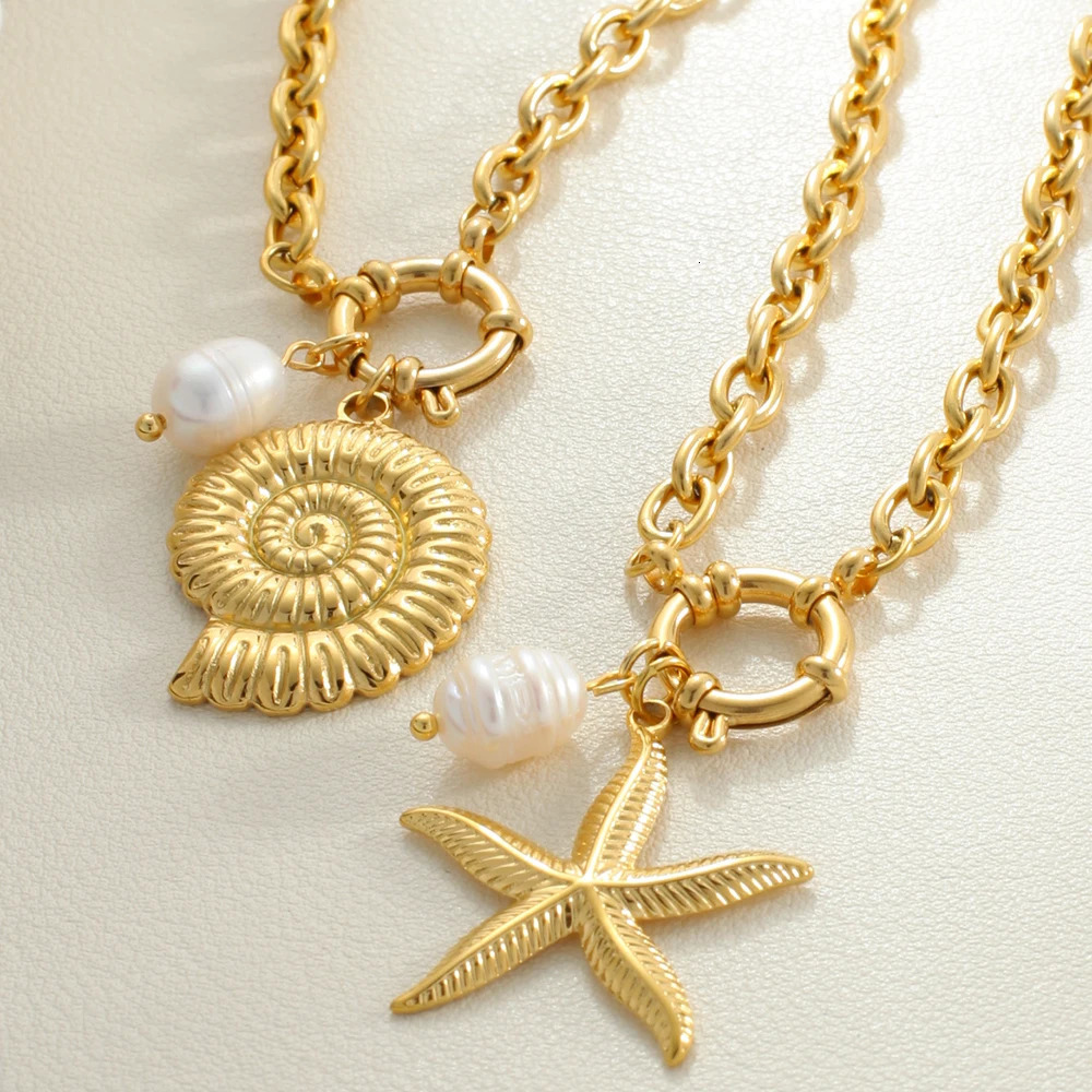 Gold necklace spring buckle womens freshwater pearl stainless steel shell dolphin pendant jewelry set 250420