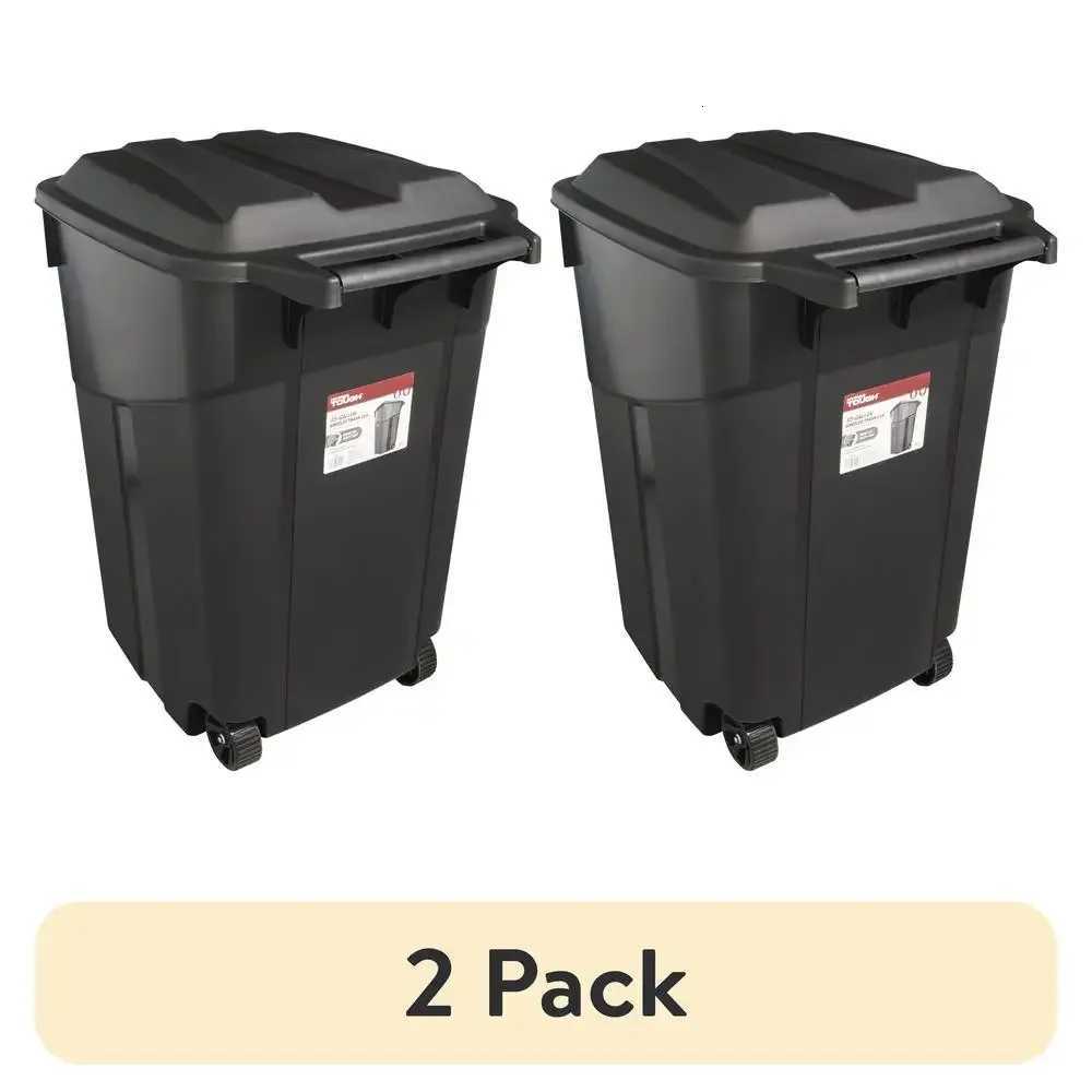 Durable 45 Gallon Plastic Garbage Can with Attached Lid and Wheels Black 2 Pack C251120