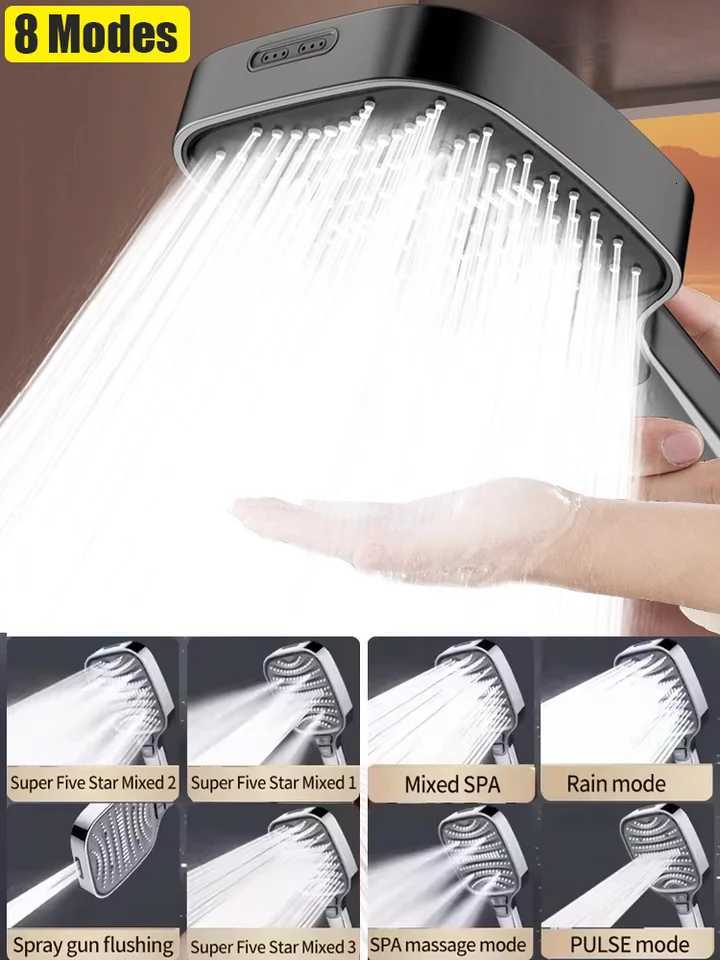 Big Panel High Pressure Shower Head 8 Modes Adjustable Showerheads Water Saving One-Key Stop Water Sprayer Bathroom AccessoriesM251120
