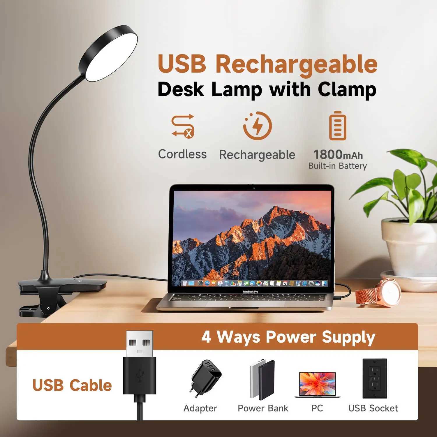 Led Table Lamp USB Rechargeable Night Light With Clamp Touch 3 Modes Dimming Eye Protection Light For Study Stand Reading Lamp M251120
