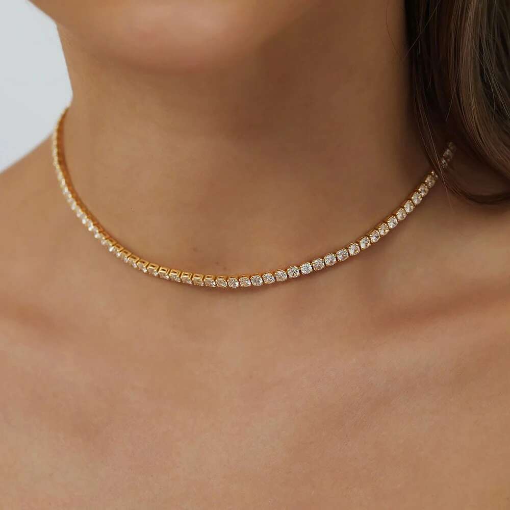 2mm Moissanite Tennis Necklace For Women S Sier Plated Gold Sparking Rhie Choker Chain Wedding Jewelry Adjustable