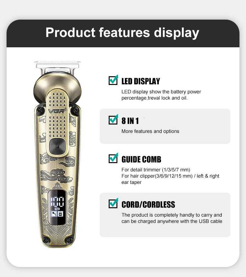 VGR 8-in-1 metal hair clipper multifunctional intelligent LED digital hair trimmer mens nose hair and armpit hair shaver V-103T251120