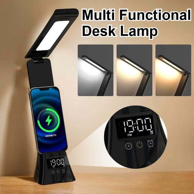 Multifunction LED Desk Lamp with Wireless Charger Digital Clock Al USB 3 Colors Dimmable Study Light for Office Bedroom M251120