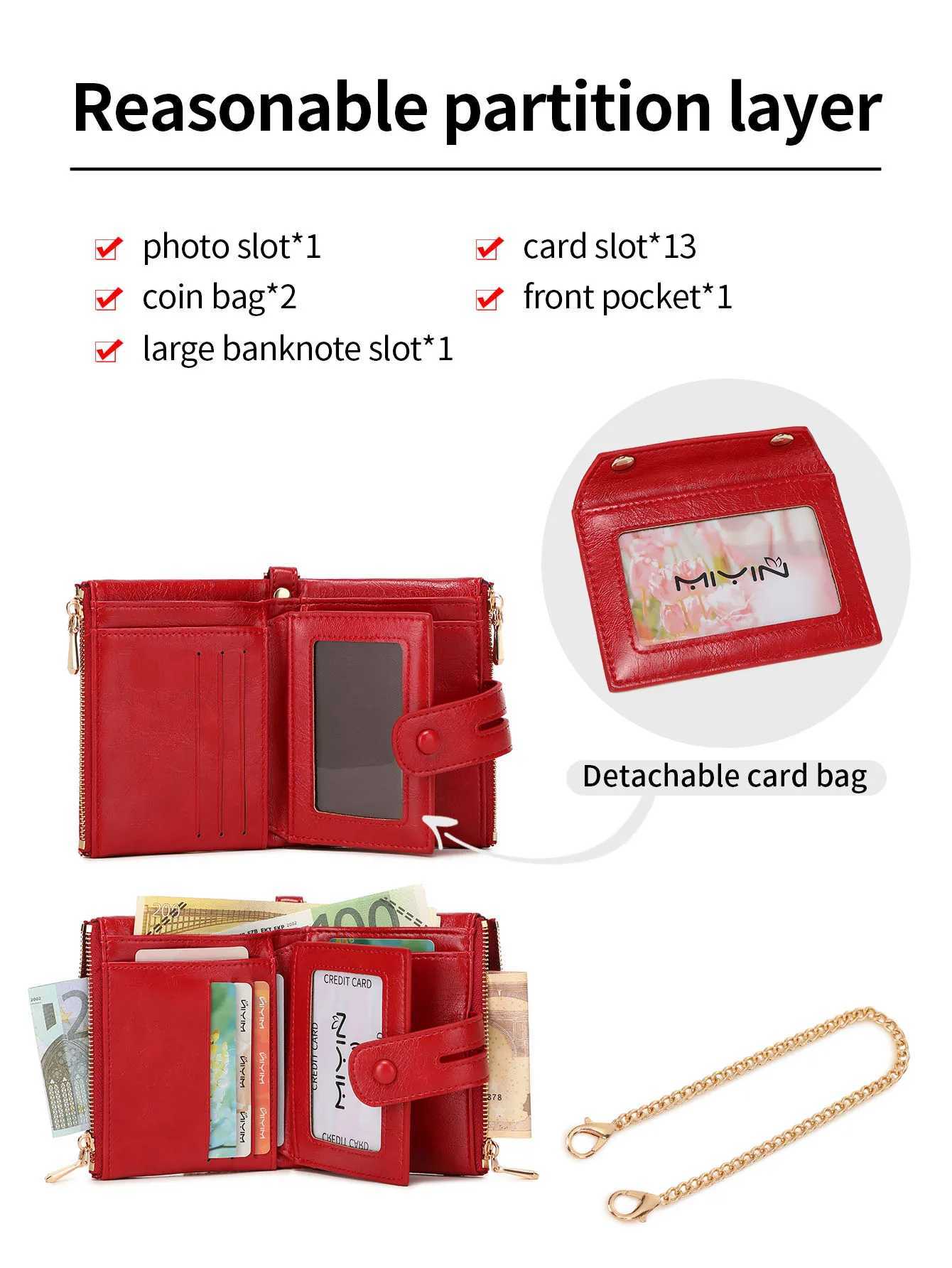 New Womens Wallet High Quality PU Leather Short Card Seat with Chain Large Capacity Three Layer Zero Wallet Retro WomensWalletW251120