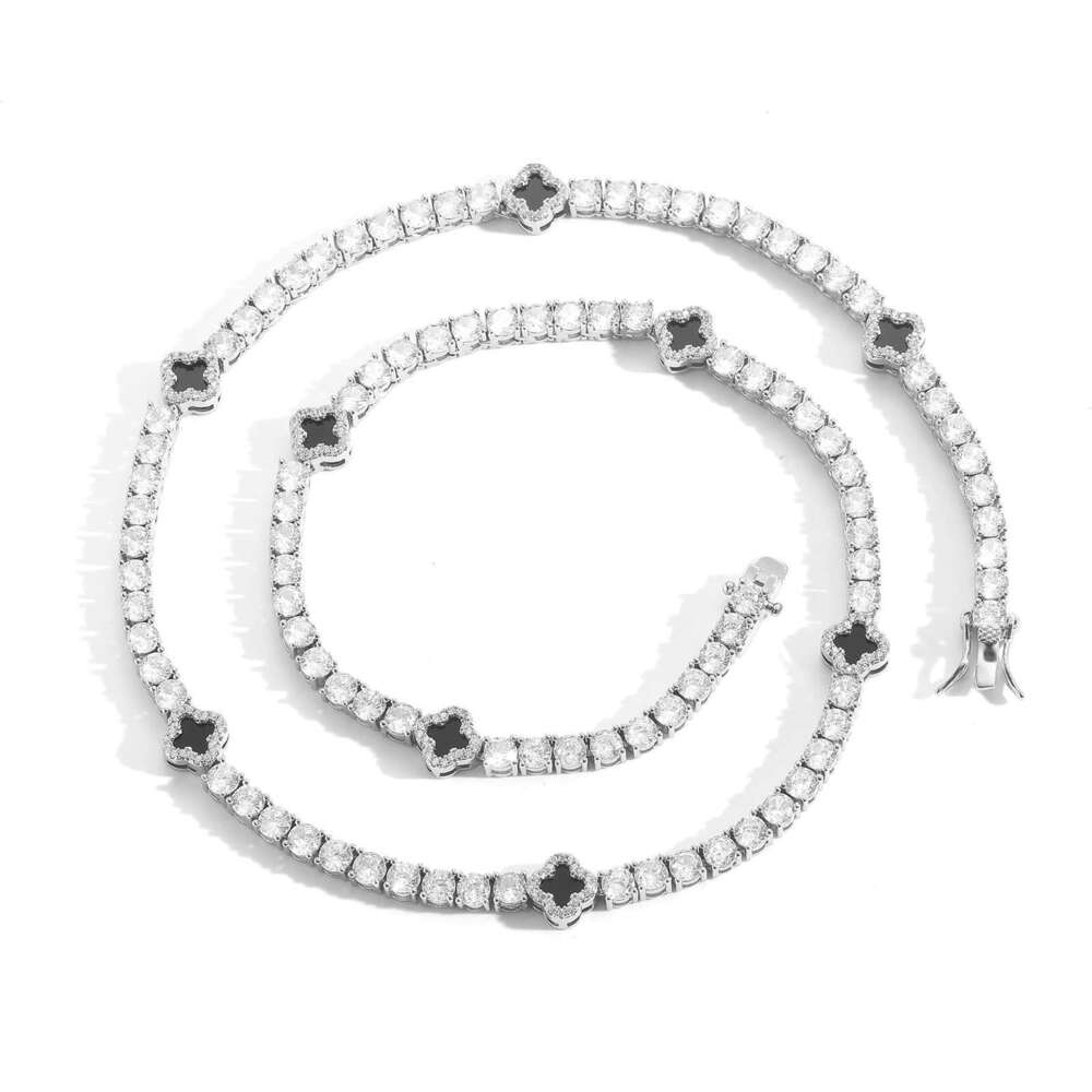 Luxury hip hop four-leaf clover set Ice out VVS Moissanite tennis necklace bracelet, men and women's collarbone chain Free delivery