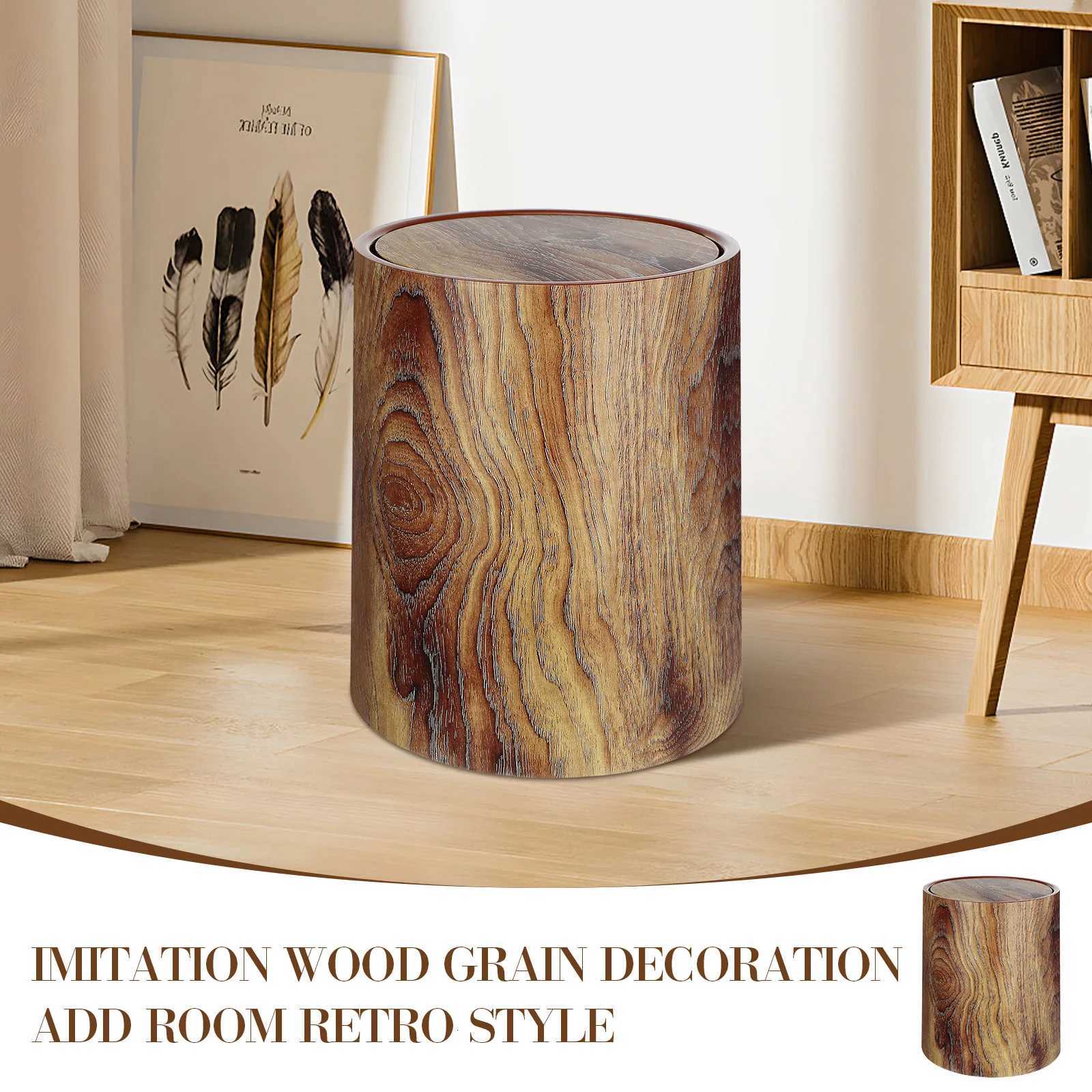 Retro Imitation Wood Grain Trash Can Swing Lid Garbage Bucket Plastic Waste Bin Kitchen Bathroom Household Merchandises Storage C251120