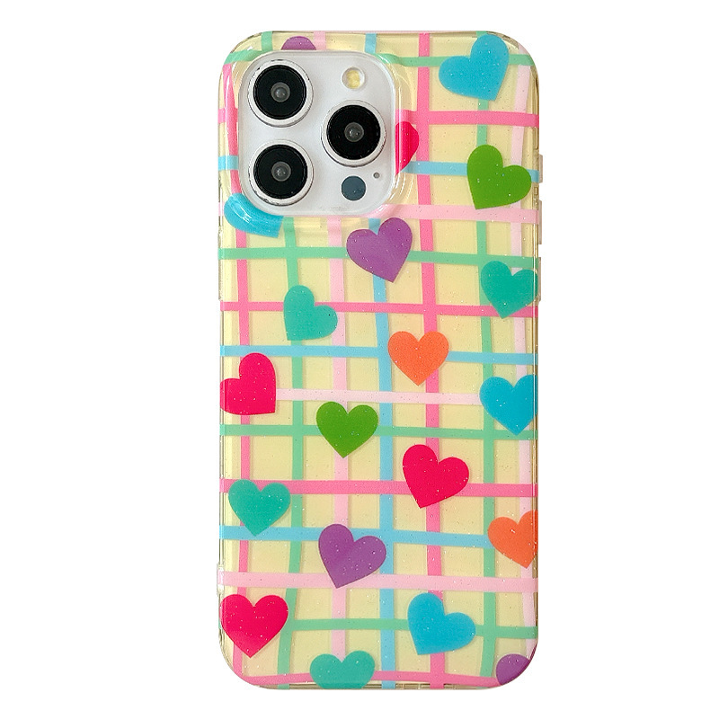 Colorful Plaid Flower Heart Phone Case Suitable iPhone 16/15 Pro Max INS Half Cover for iPhone 14/13 Pro