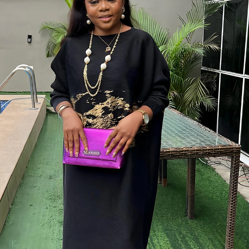 Plus size pleated dress for women in Africa promotional clothing casual y evening party goldplated long sleeved womens fashion 250420