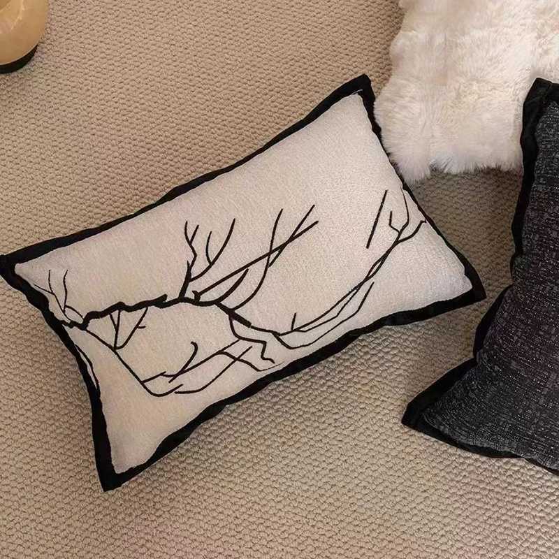 Pillow Case French Retro Branch Embroidered Cushion Cover Black and White Light Luxury Waist Cover Home Sofa Bedside Waist case C251120