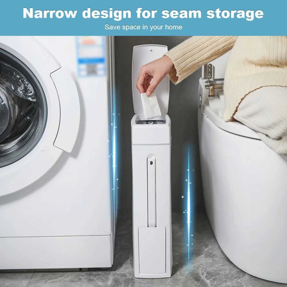 Slim Trash Can with Cleaning Brush and Lid Plastic Waste Basket Bathroom Trash Can for Bathroom Narrow Space C251120