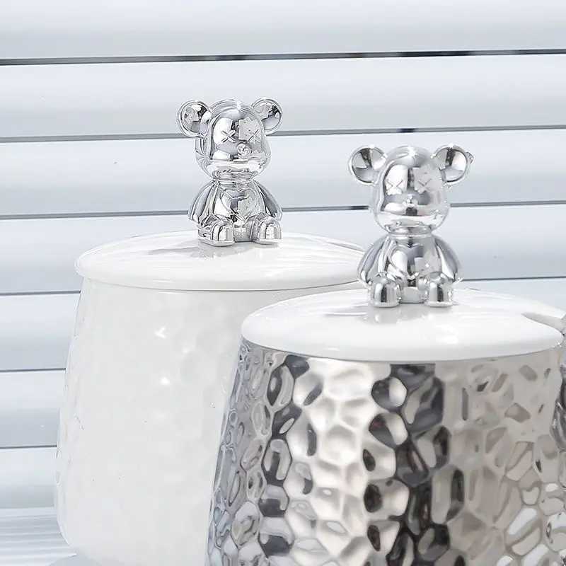 European Style Couple Ceramic Coffee Cup Galvanized Silver Bear Mug Gift Office Teacup Living Room Breakfast Mug Home Decoration T260428