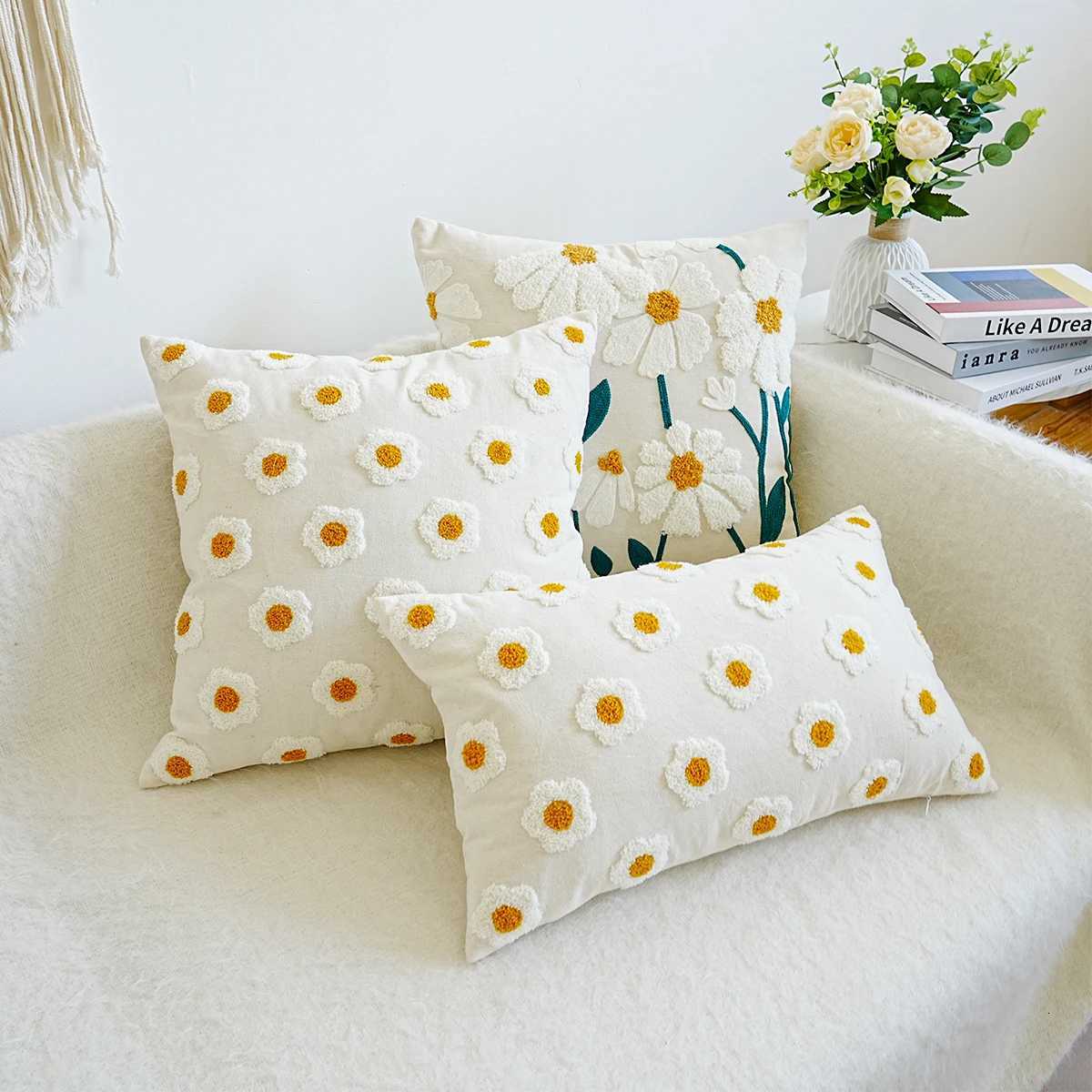 Pillow Case 1pc Daisy Floral Embroidered Throw Cover Cushion Case For Sofa Living Room Home Decor Without Insert C251120