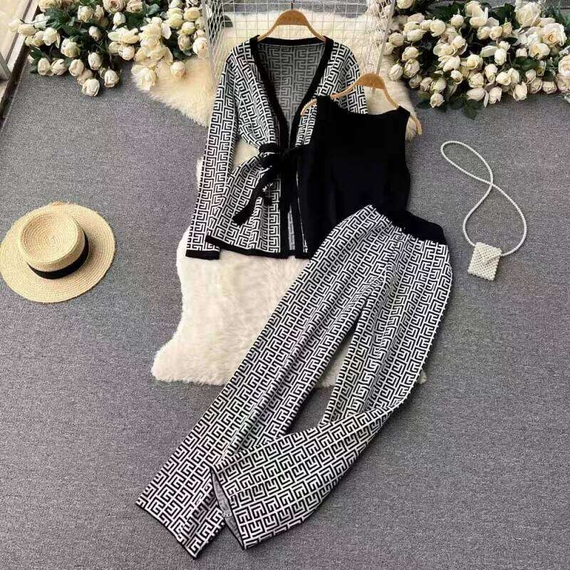 Fashionable Knitted Set Casual High Waist Wide Leg Pants V-Neck Waist-Cinching Belted Open Cardigan Top Three-Piece Women's Ense