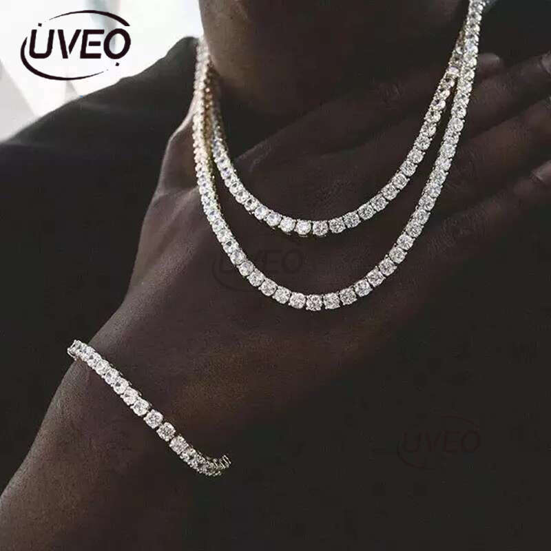 Real sterg sier Hip Hop Moissanite Jewelry Iced Out VVS1 D Color Mossanite Dia Necklace 4mm Tennis Gold chain for Women Men