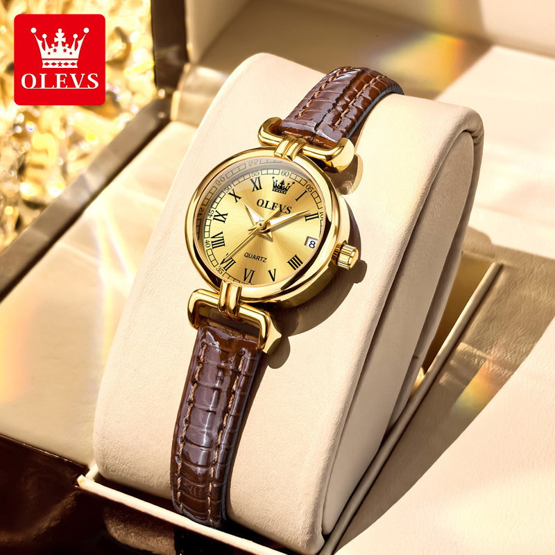 OLEVS Designer Ladies' Round Retro Leather Strap Small Gold Watch Waterproof Quartz Watch Women's Hand Luxury Watch Free Delivery And Wholes