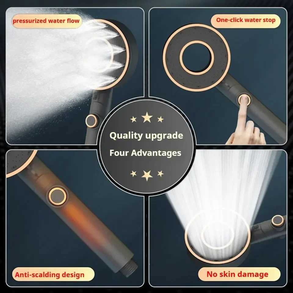 High Pressure Shower Head 3 Modes Adjustable Water Saving Spray Nozzle One Key Stop Water Black Showerhead Bathroom AccessoriesM251120
