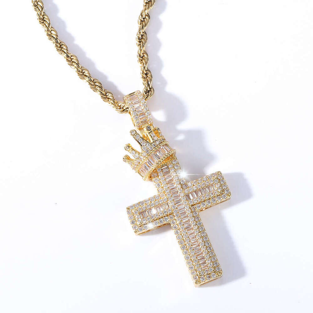 Luxury designer Crown Cross with real gold plated sterling silver set Ice out VVS Moissanite Hip Hop Men Women Necklace Pendant Free shipping