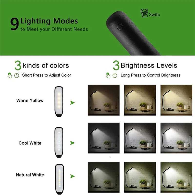 W White Rechargeable Book Light Mini 9 LED Reading Light Dimmable Flexible Easy Clip Lamp Read Night Reading Lamp in Bedroom M251120