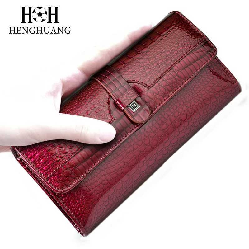 HH Women Long Wallet Genuine Leather Wallets Red Aligator Pattern Cowhide Purse Three Fold Large Capacity Clutch Wallet LuxuryW251120