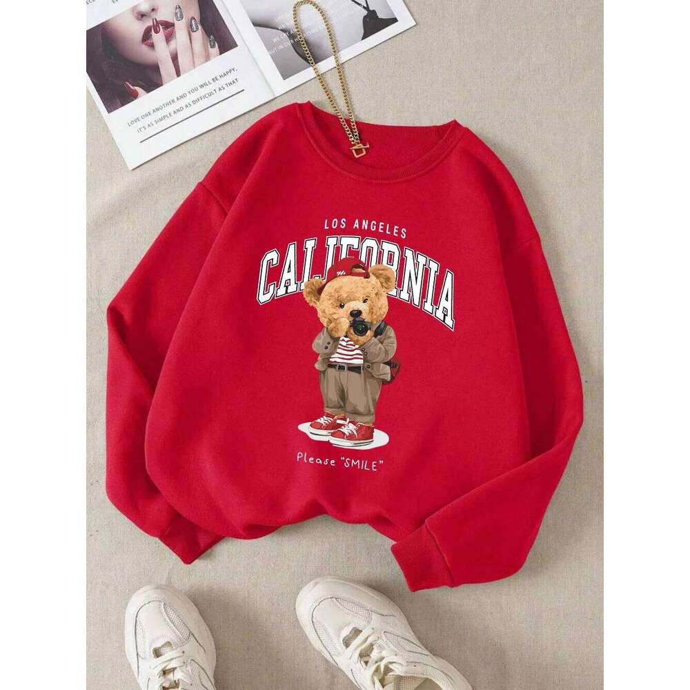 Fashion Women's Pullover Travel Photographer Bear Print Hoodie Breathable Loose Crew Neck Warm Sweatshirt Winter Clothing Y2k