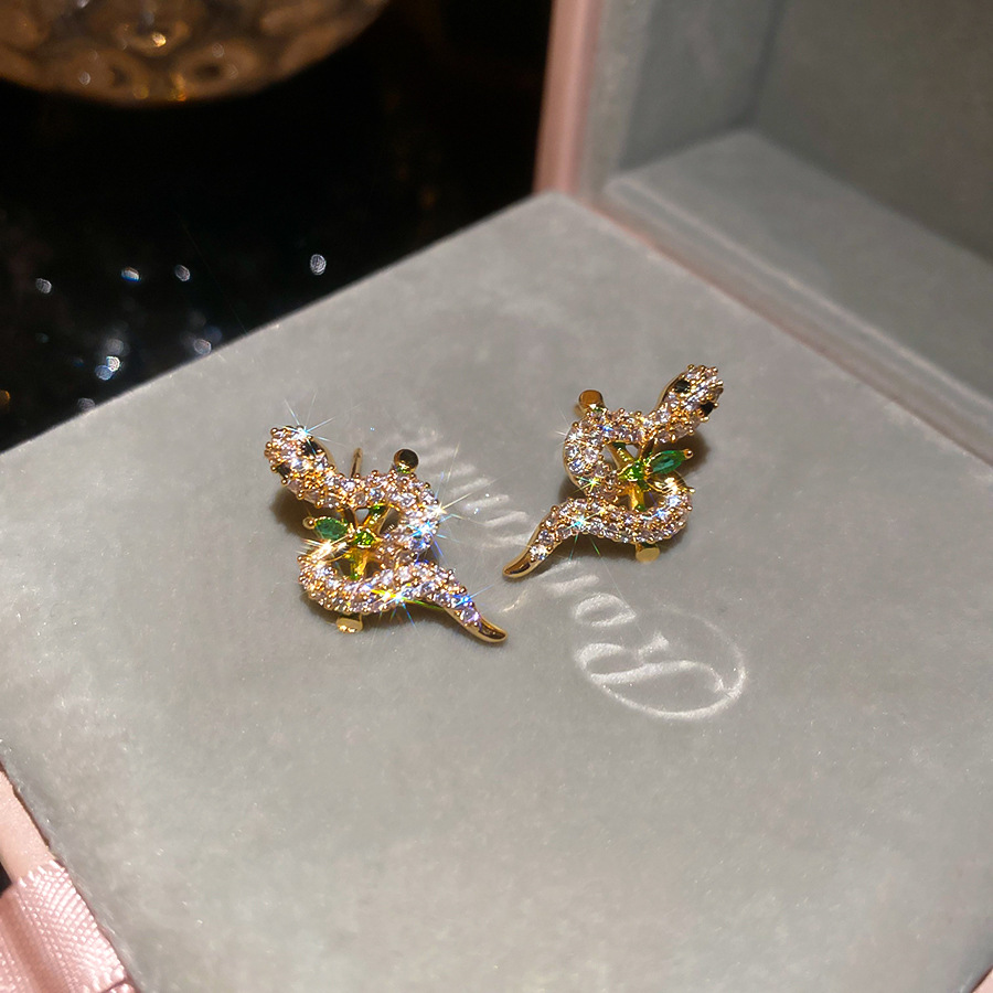 14K Real Gold Plated Silver Needle Oil Drop Zircon Snake Light Luxury High-end Earrings Design Sense Niche Ear Jewelry - view 6