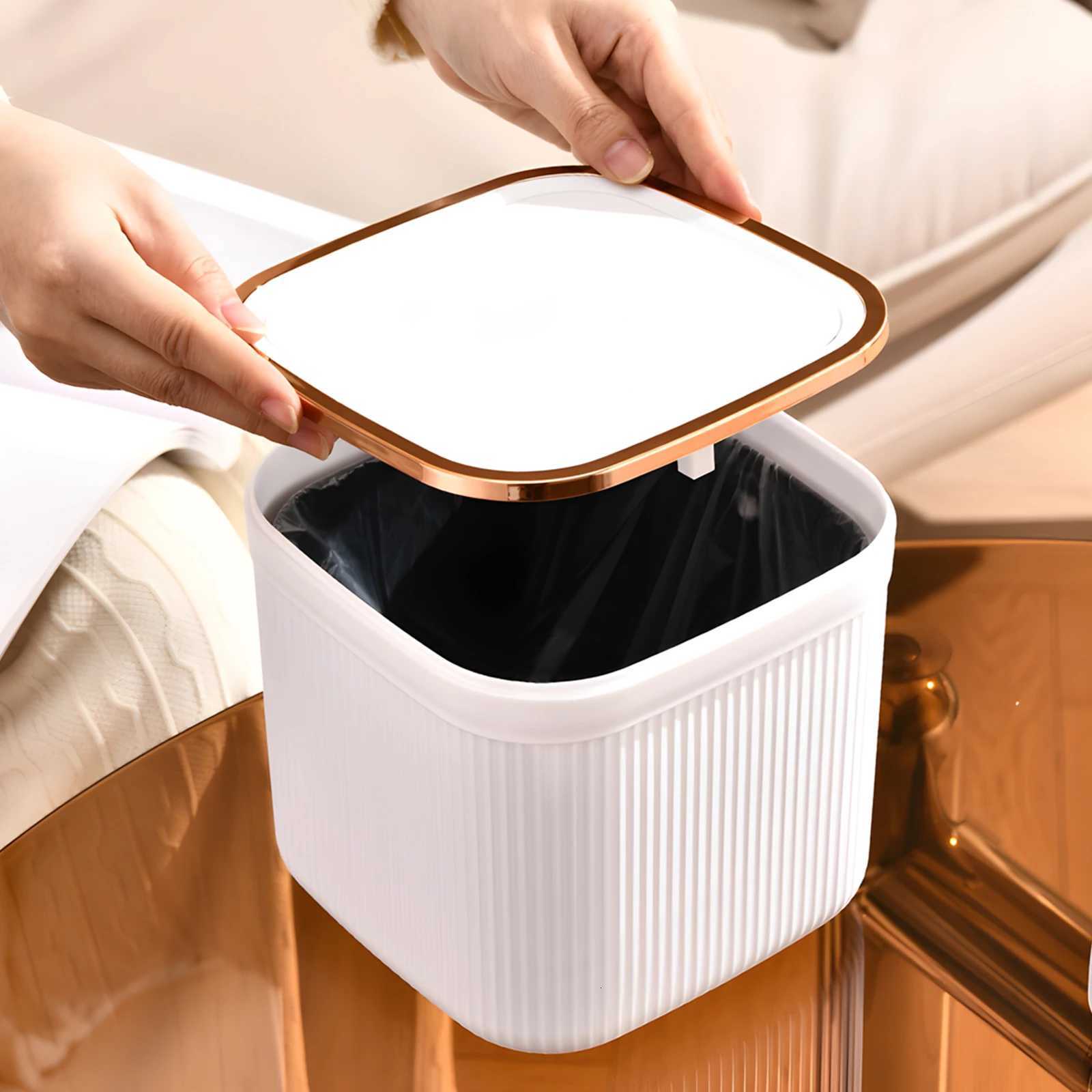 Press on desktop trash can rose gold edged office high aesthetic pop-up lid countertop trash can C251120