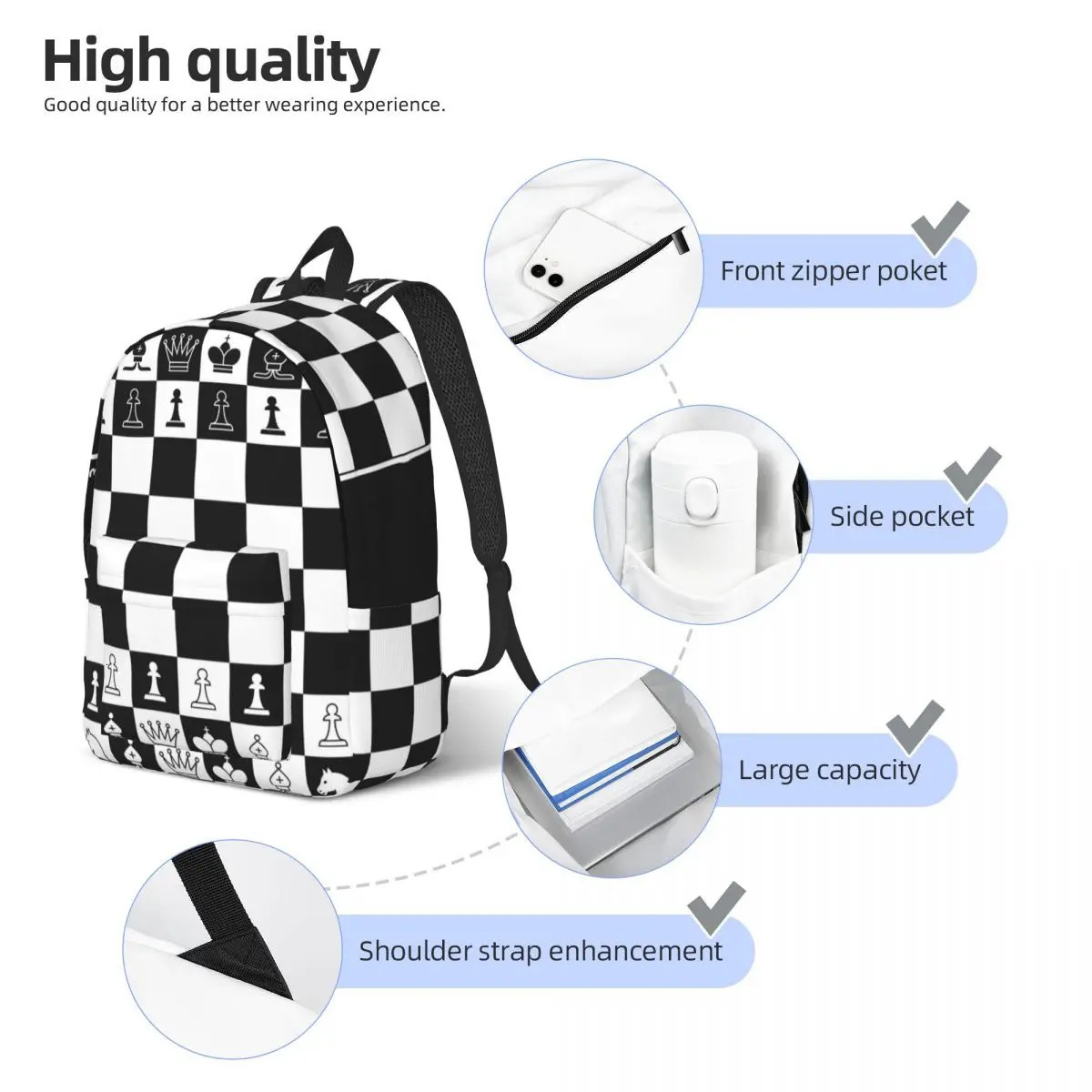 Men Women Backpack Large Capacity School for Student Black And White Chess Board Bag 251111