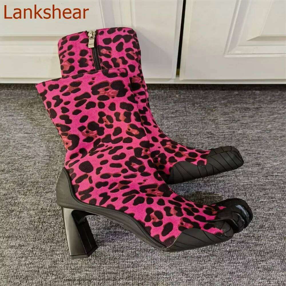 Split Toe Boots Square Heel Modern Side Zipper Mixed Color Mid Calf Fashion Sexy Women Shoes 2024 New Arrivals