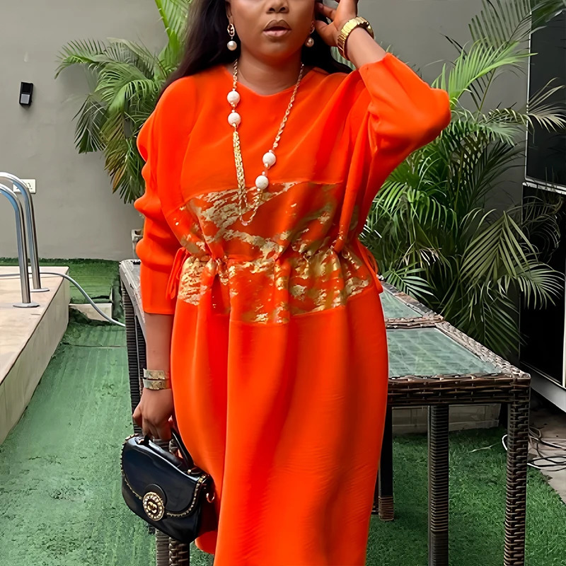Plus size pleated dress for women in Africa promotional clothing casual y evening party goldplated long sleeved womens fashion 250420