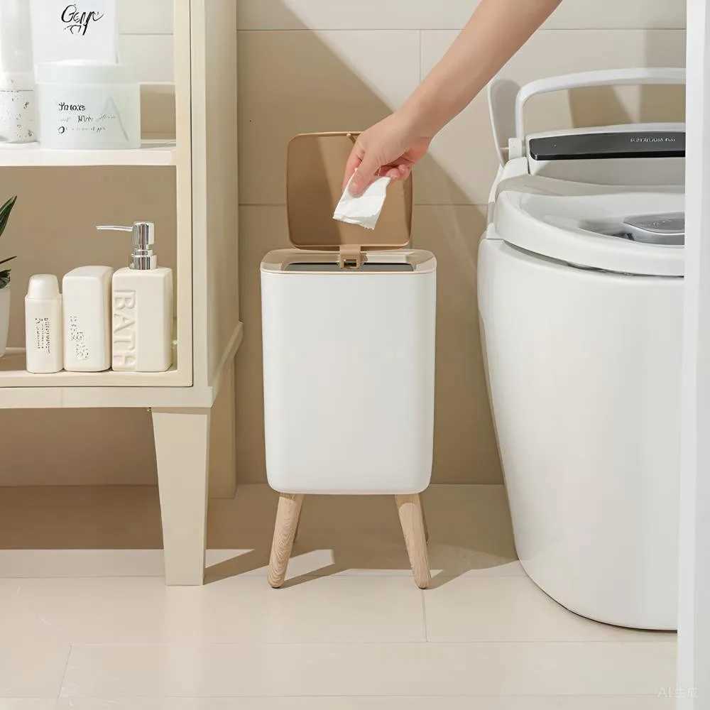 1 Piece High Clamshell Garbage Can Suitable For Bedroom Living Room Bathroom Press Trash Can Imitation Wood Grain White C251120