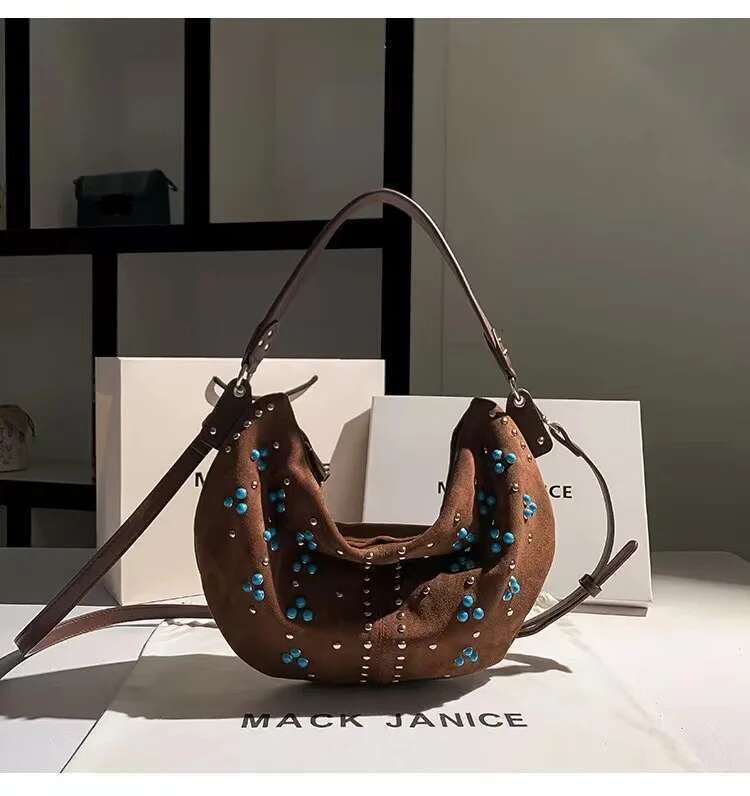 Autumn Winter Veet Fashion Moon Beads Beaded Women's Handbag Lady Purse Female Shoulder Messenger Casual Bag