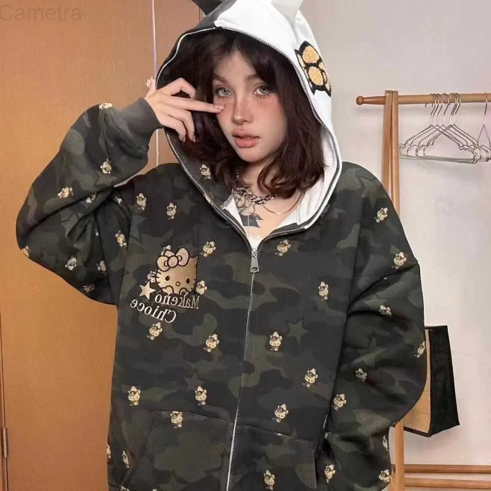 Sanrio Cartoon Hello Kitty Hooded Zipper Sweater Kawaii Y2K Couple Cardigan Pure Cotton Camouflage Jacket Trendy Christmas Gift H251120