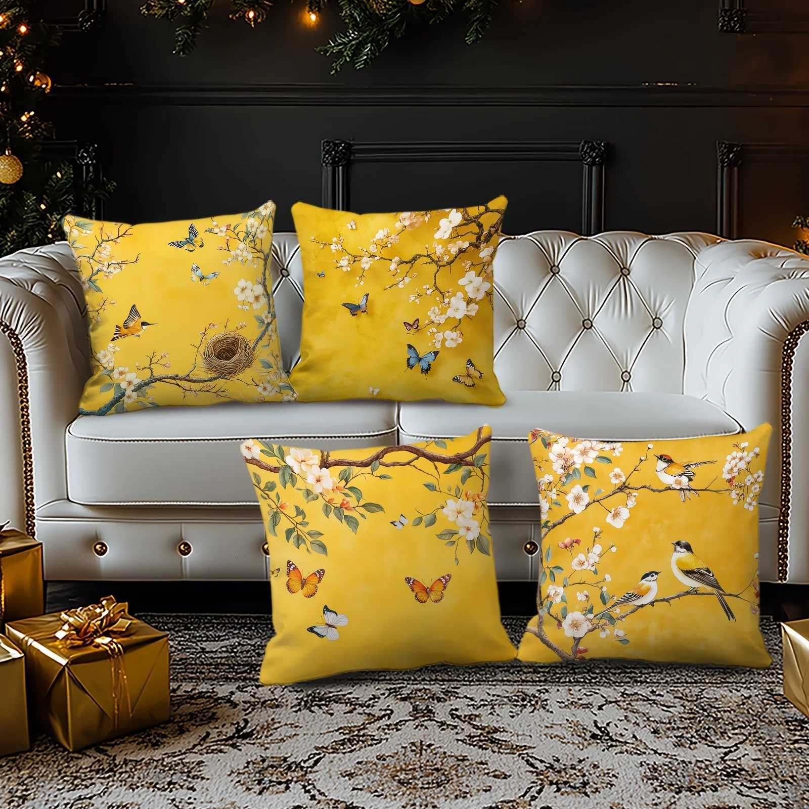 Pillow Case 4Pcs Spring Blossom Covers - Elegant Peach Flower Butterfly Design for Living Room/Bedroom Decor C251120