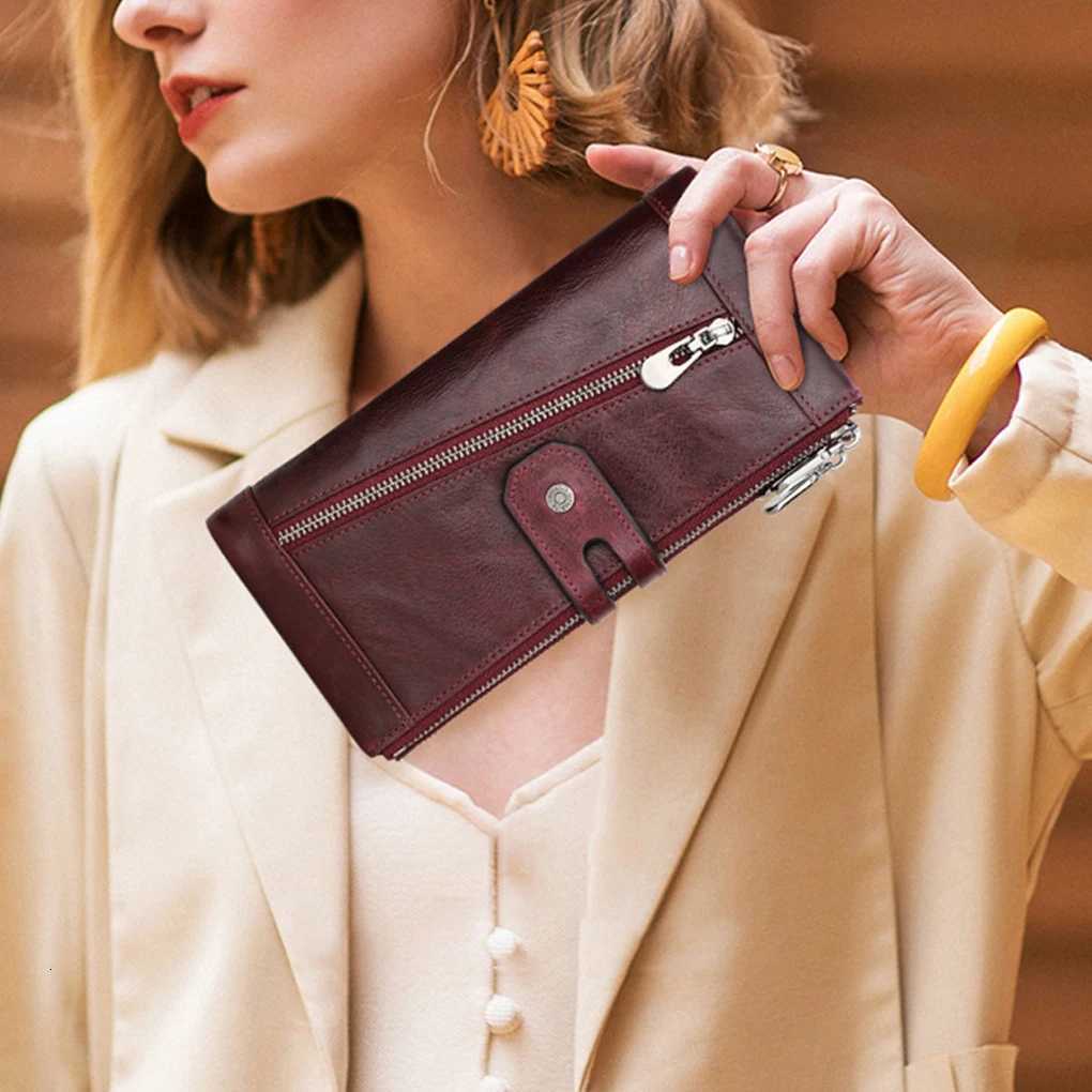 Women Wallet Zipper Solid Color Rectangular Card Holder Photo Folder Cash Compartment Purse Birthday Gift Wine RedW251120