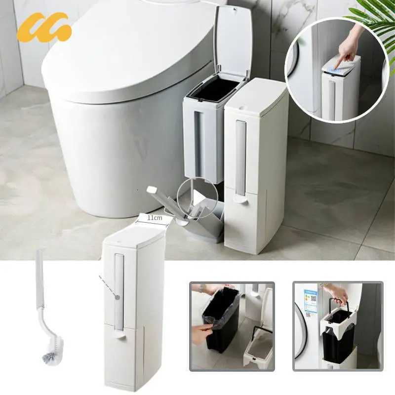 Narrow Trash Can Toilet Brush Set Press Type Open Cover Japanese Bathroom Dustbin Kitchen Garbage Bin Household Cleaning Tools C251120