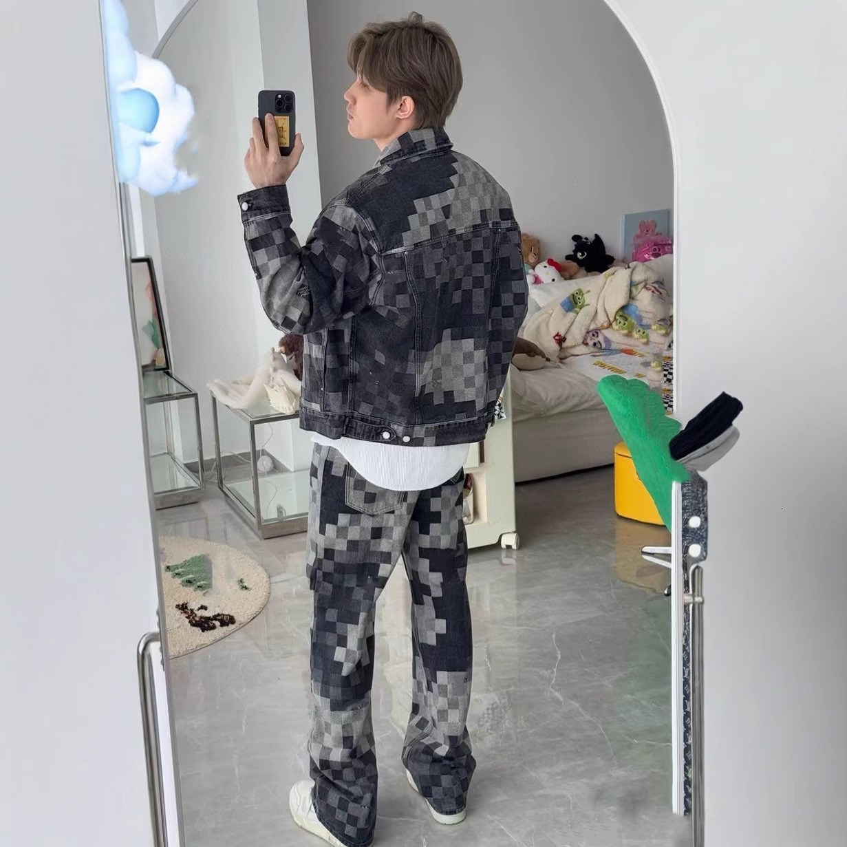 Designer denim jacket set High version early spring new item donkey home embroidered checkerboard black denim jacket set for men and women