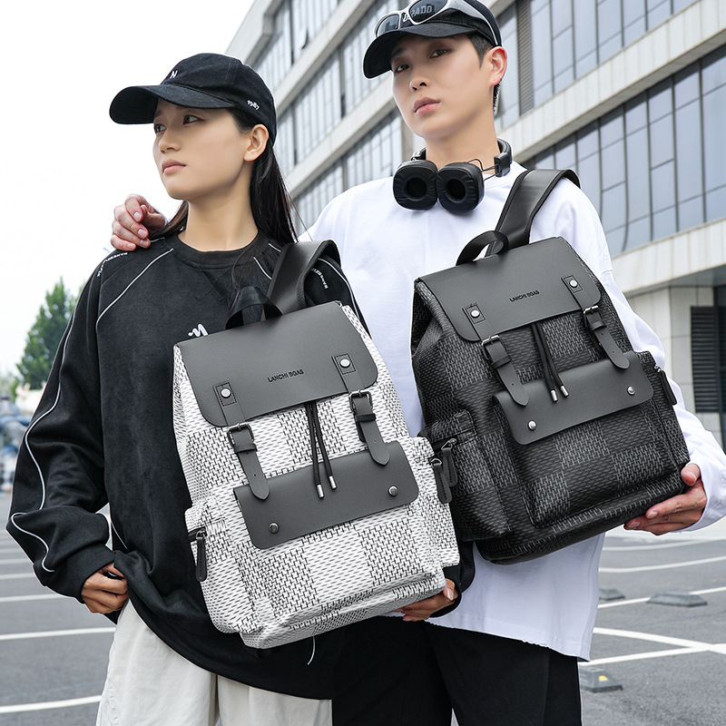 Business New Men'S Plaid Backpack Fashion Simple Old Money Wind Travel Backpack Receive Letter Leisure Backpack