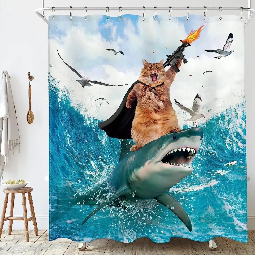YL-37756 Shower curtain with funny cat design, bathroom decoration, waterproof, digitally printed, toilet moisture-proof partition curtain