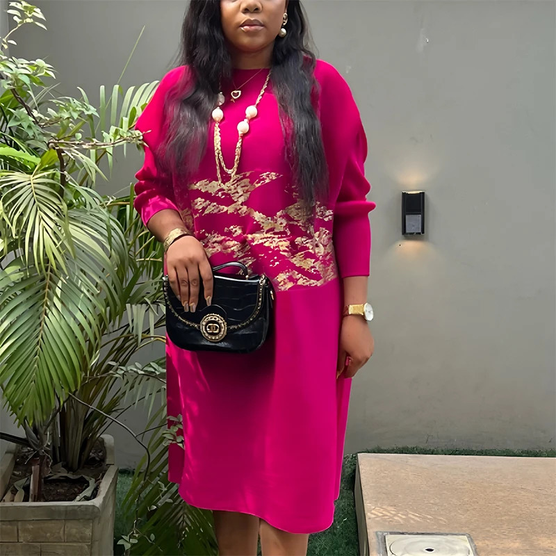 Plus size pleated dress for women in Africa promotional clothing casual y evening party goldplated long sleeved womens fashion 250420