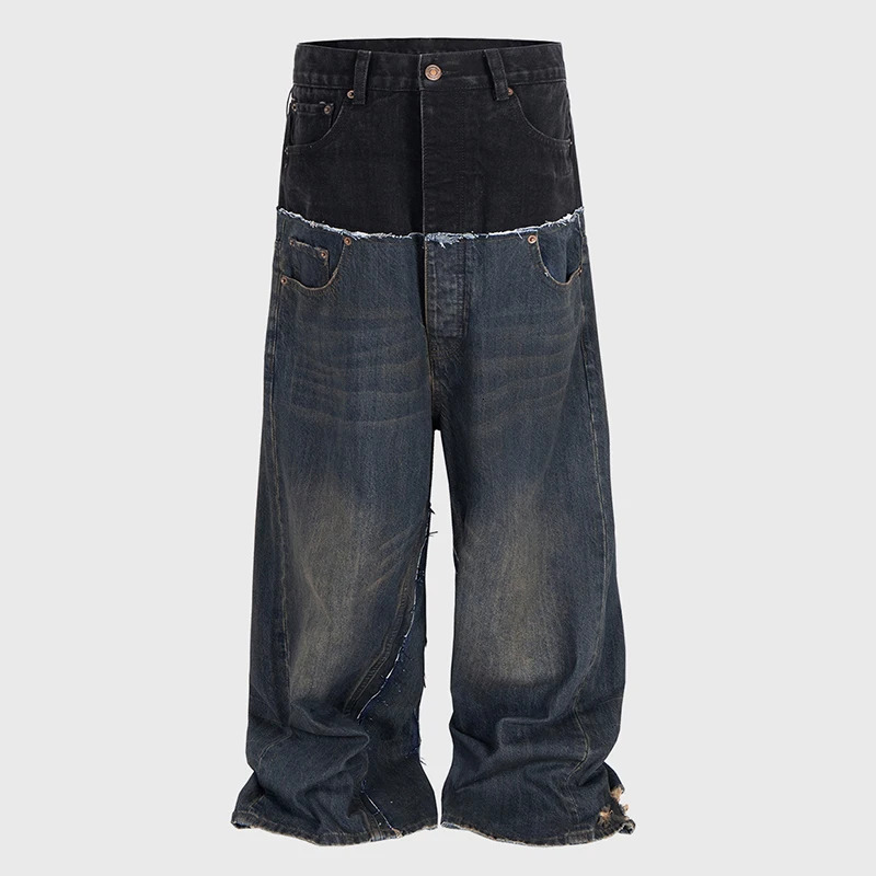 PFNW Niche Colorblock Patchwork Wide Leg Blue Jeans Mens Spring Straight Double Waist Denim Trousers 28W6048 251218