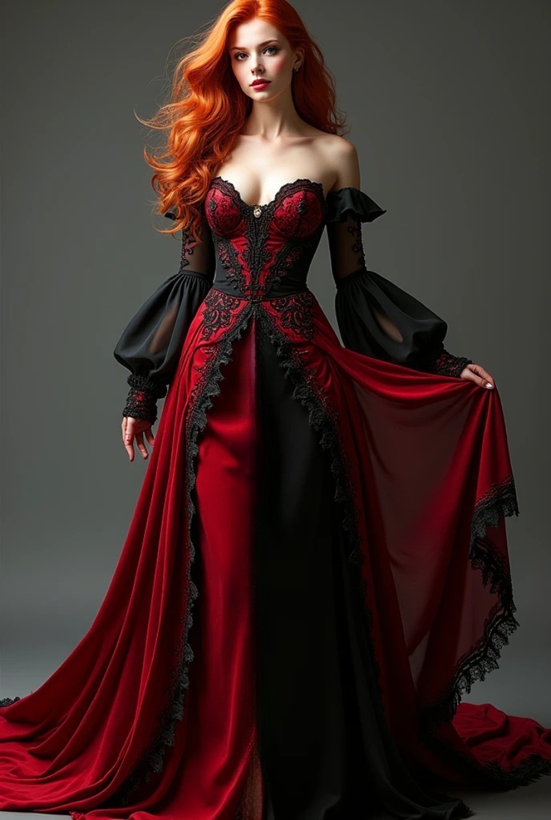 Vintage Black And Red Gothic Prom Dress Sweetheart Lantern Long Sleeves Off Shoulder Corset Medieval Evening Gowns Lace Appliques Contrast Color Vesti