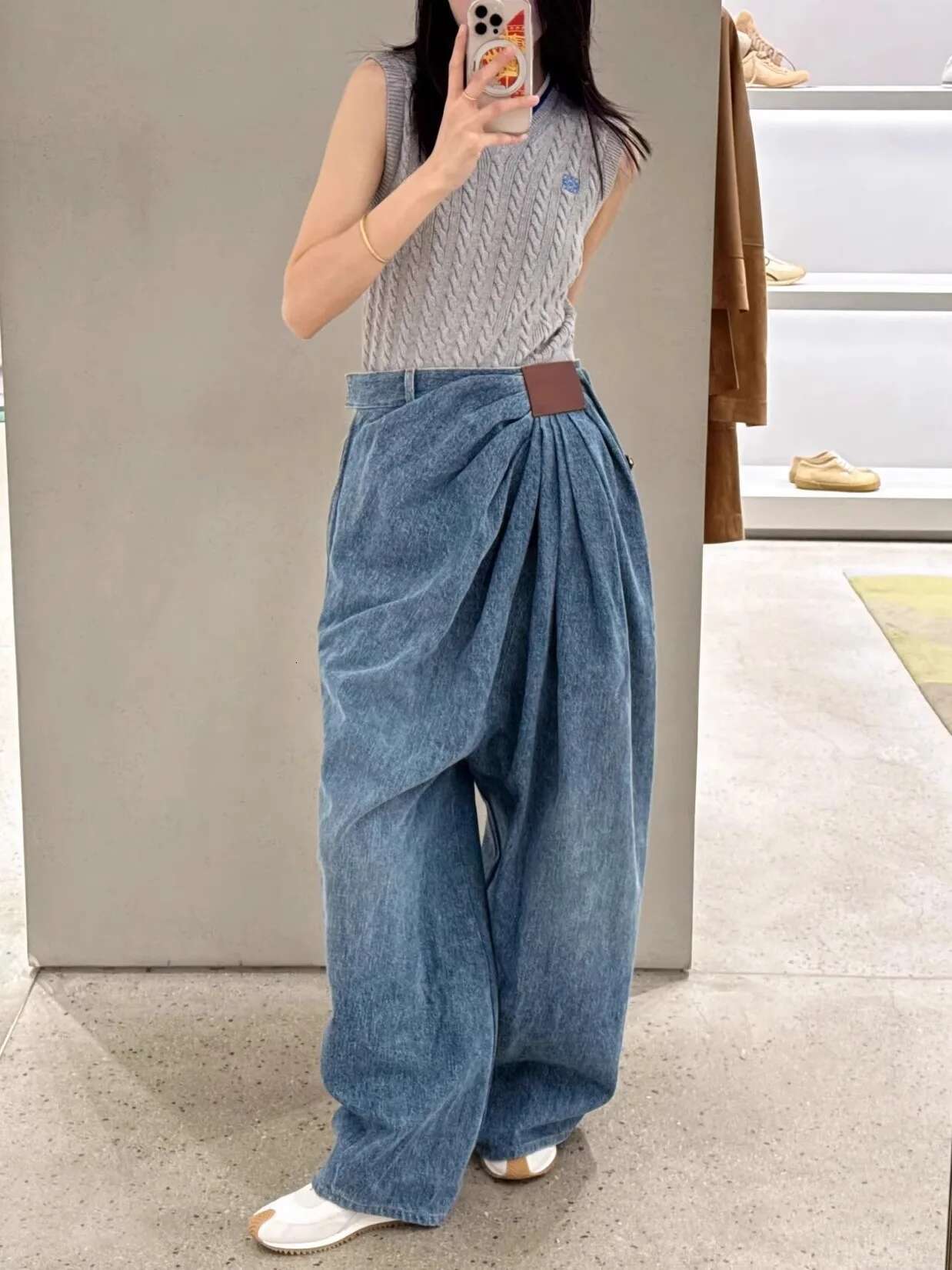American Wide Leg Denim For Women In Spring And Autumn, Fashionable Pleated Design, Loose Or Length Pants
