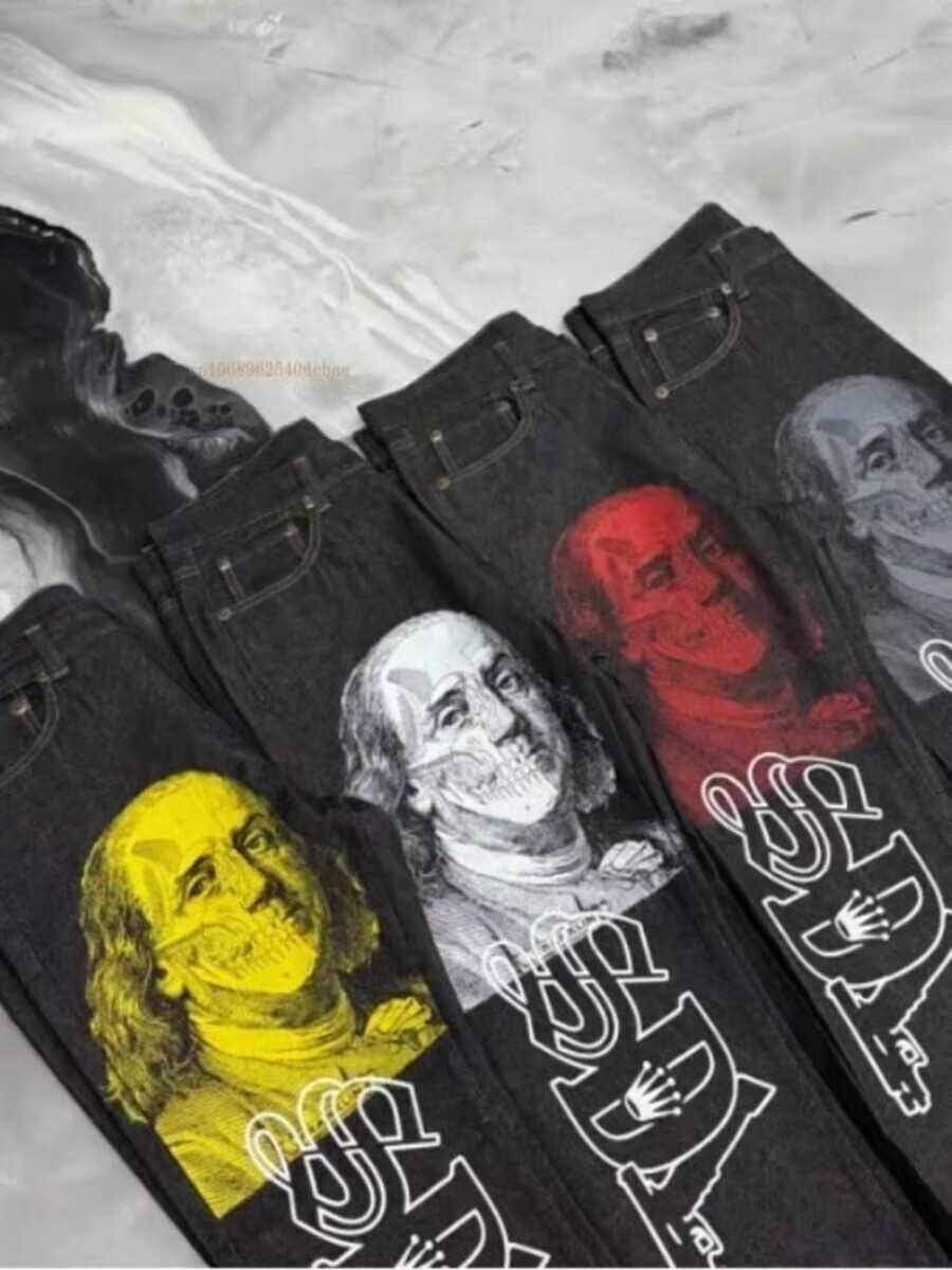 Black straight jeans for men and women new internet celebrity design personalized printed wide leg pants winter loose high street casual jeans W250103