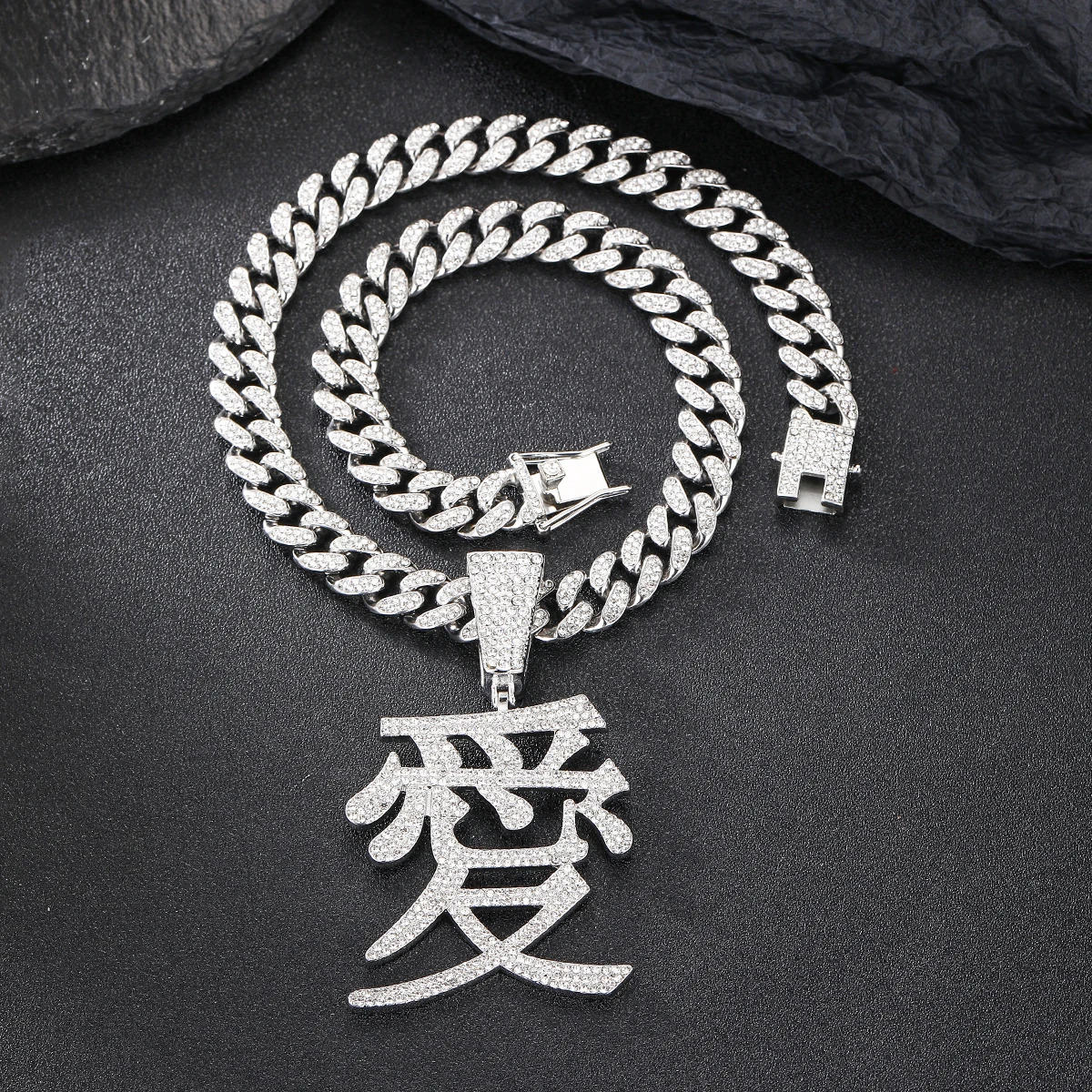 Chinese character Love pendant ice out 13MM Cuban chain hiphop fashion jewelry 250420