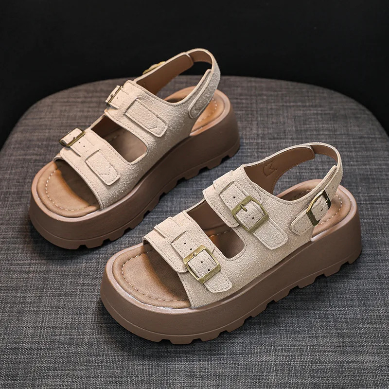 Retro belt buckle womens sandals can be worn in both directions for summer and spring fashionable highend sensory rubber sole with leather lining slid - view 4