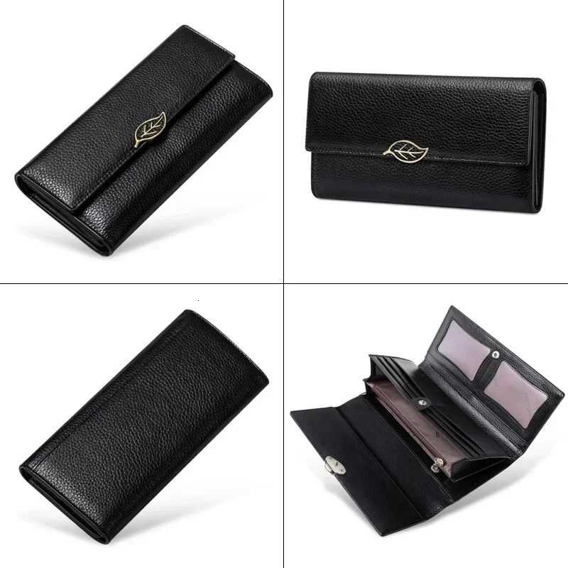 New Fashion Women Wallet with Metal Leaf Luxury Genuine Leather Long Wallets Rfid Card Holder Purse Blue Clutch Bag for LadiesW251120