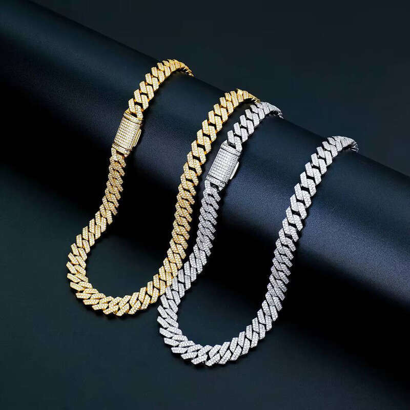 Necklace Pure Sier Sharp Shape 8mm Wide Full Paved Silicon Stone Cuban Chain Hip Hop Style Men's Gift